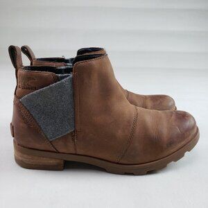 Sorel Emelie Chelsea Ankle Boot Womens 8.5 Brown Leather Pull On Waterproof